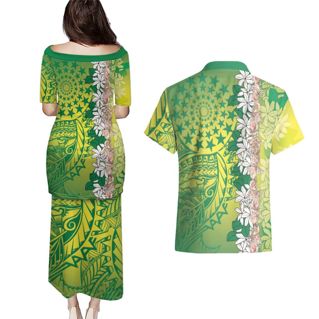 Cook Islands Tiare Maori With Conch Shell Couples Matching Puletasi and Hawaiian Shirt Pasifika Fest Polynesian Tattoo Green