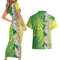 Cook Islands Tiare Maori With Conch Shell Couples Matching Short Sleeve Bodycon Dress and Hawaiian Shirt Pasifika Fest Polynesian Tattoo Green LT14 - Polynesian Pride