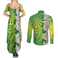 Cook Islands Tiare Maori With Conch Shell Couples Matching Summer Maxi Dress and Long Sleeve Button Shirt Pasifika Fest Polynesian Tattoo Green