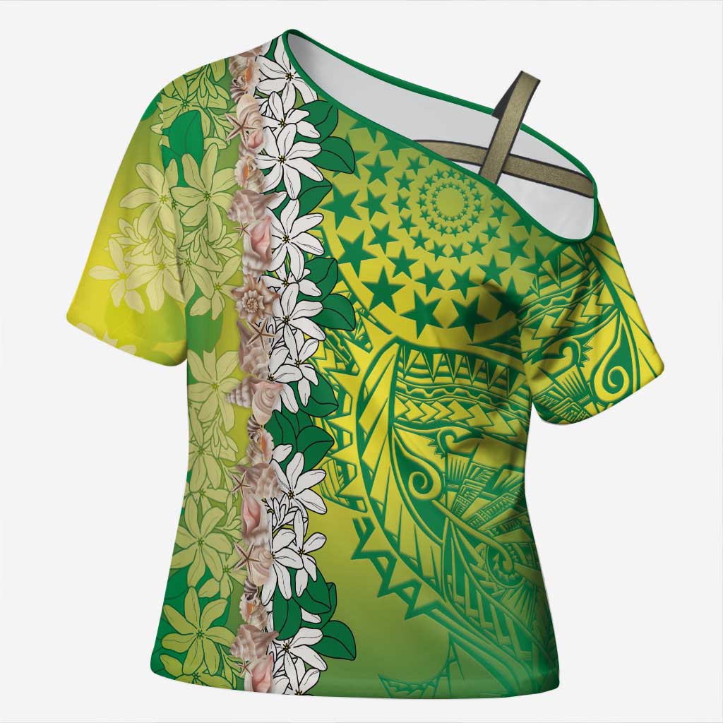 Cook Islands Tiare Maori With Conch Shell Cross Shoulder Shirt Pasifika Fest Polynesian Tattoo Green