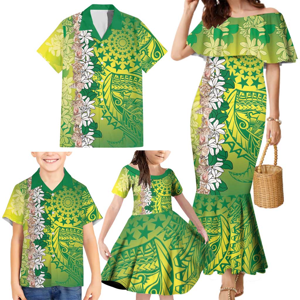 Cook Islands Tiare Maori With Conch Shell Family Matching Mermaid Dress and Hawaiian Shirt Pasifika Fest Polynesian Tattoo Green
