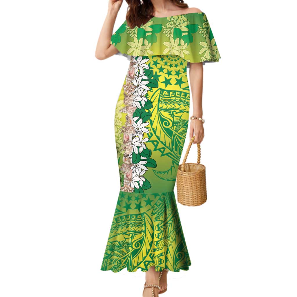 Cook Islands Tiare Maori With Conch Shell Family Matching Mermaid Dress and Hawaiian Shirt Pasifika Fest Polynesian Tattoo Green LT14 Mom's Dress Green - Polynesian Pride