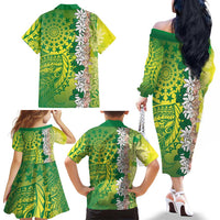 Cook Islands Tiare Maori With Conch Shell Family Matching Off The Shoulder Long Sleeve Dress and Hawaiian Shirt Pasifika Fest Polynesian Tattoo Green LT14 - Polynesian Pride