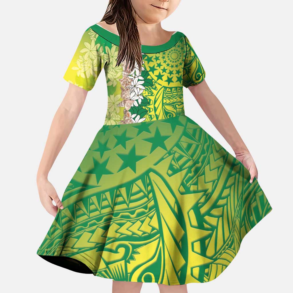 Cook Islands Tiare Maori With Conch Shell Family Matching Off Shoulder Maxi Dress and Hawaiian Shirt Pasifika Fest Polynesian Tattoo Green LT14 Daughter's Dress Green - Polynesian Pride