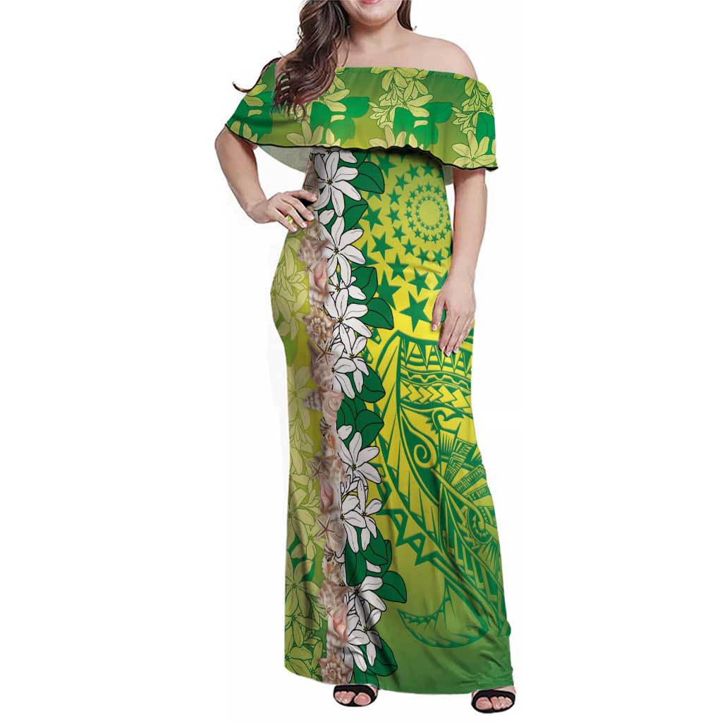 Cook Islands Tiare Maori With Conch Shell Family Matching Off Shoulder Maxi Dress and Hawaiian Shirt Pasifika Fest Polynesian Tattoo Green LT14 Mom's Dress Green - Polynesian Pride