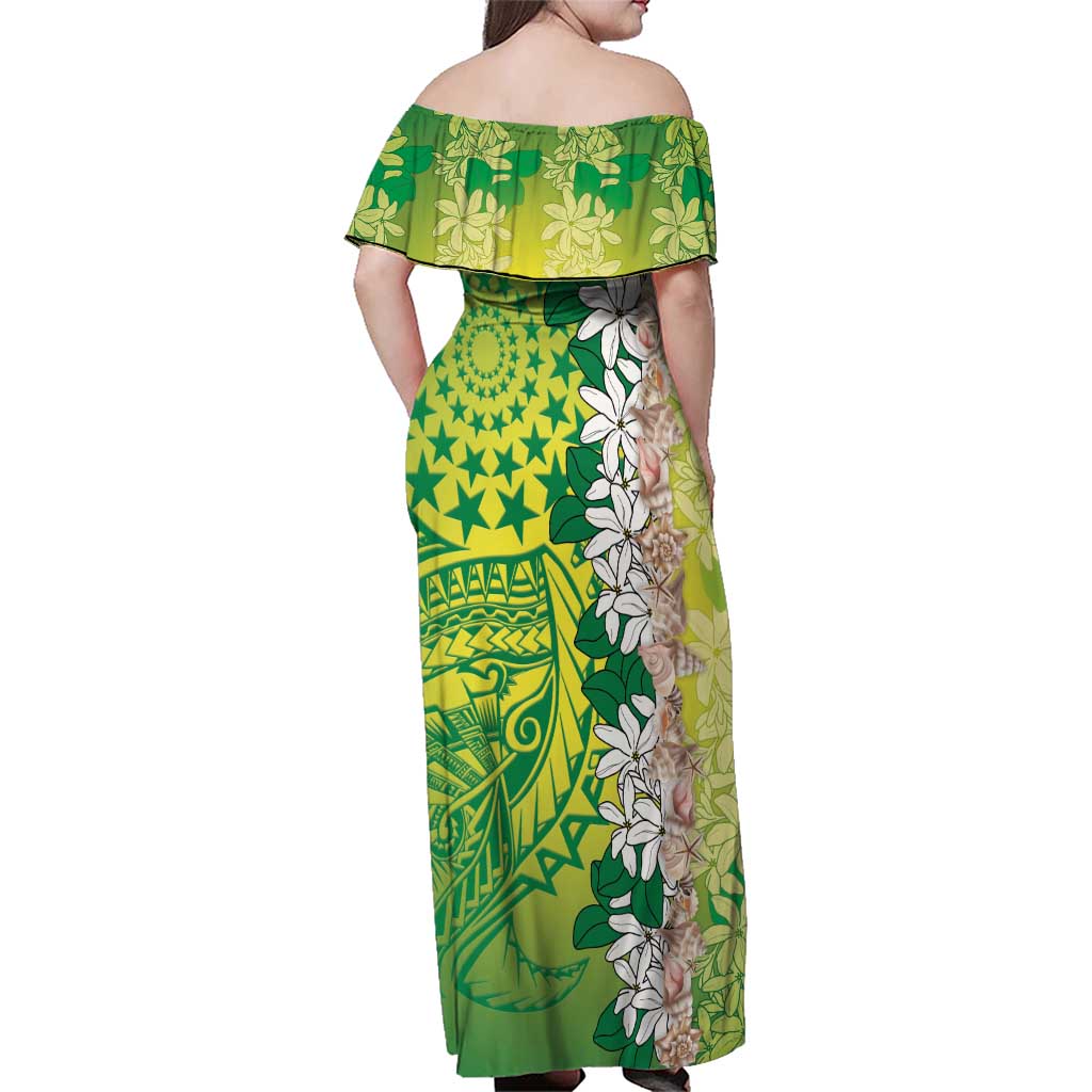 Cook Islands Tiare Maori With Conch Shell Family Matching Off Shoulder Maxi Dress and Hawaiian Shirt Pasifika Fest Polynesian Tattoo Green LT14 - Polynesian Pride