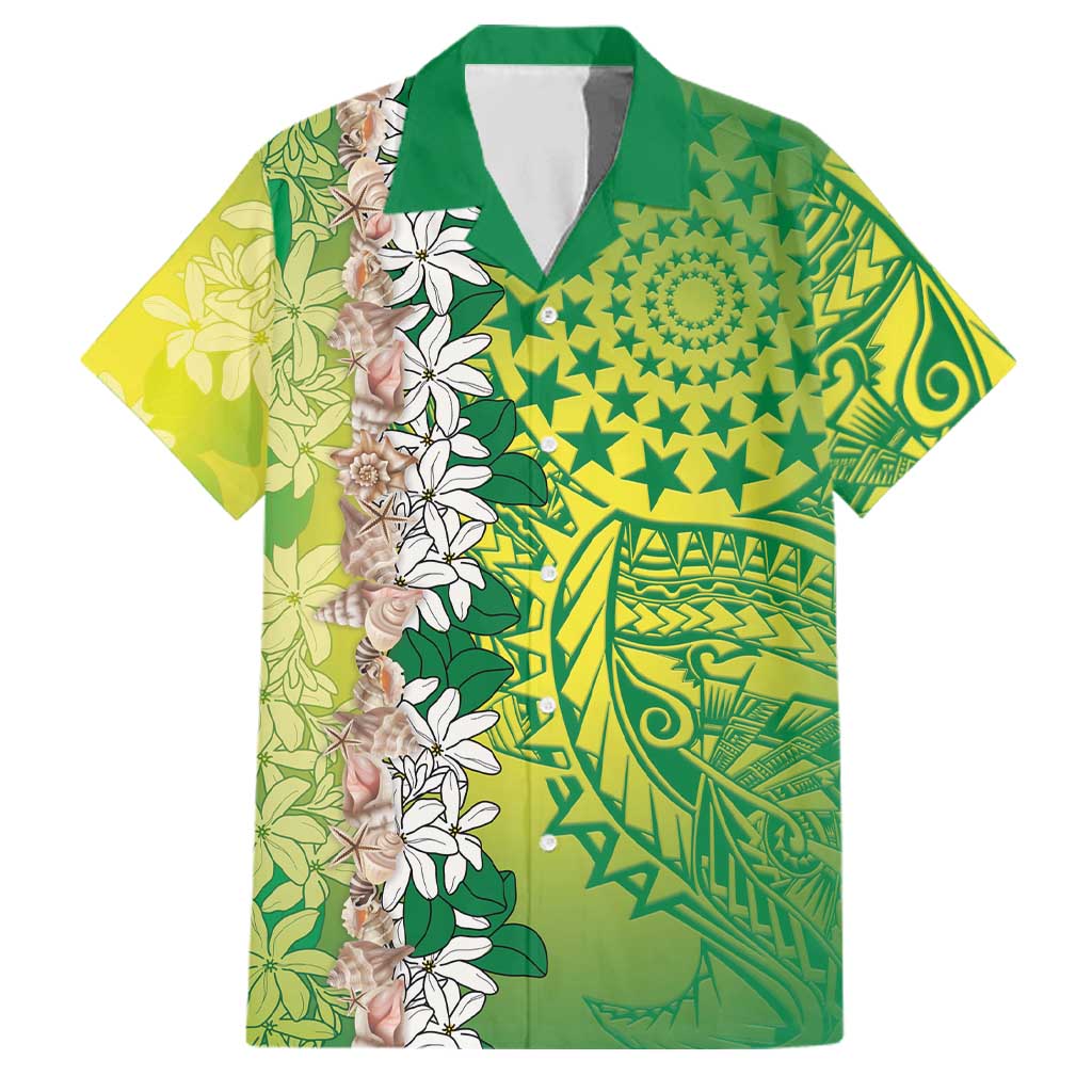 Cook Islands Tiare Maori With Conch Shell Family Matching Short Sleeve Bodycon Dress and Hawaiian Shirt Pasifika Fest Polynesian Tattoo Green LT14 Dad's Shirt - Short Sleeve Green - Polynesian Pride