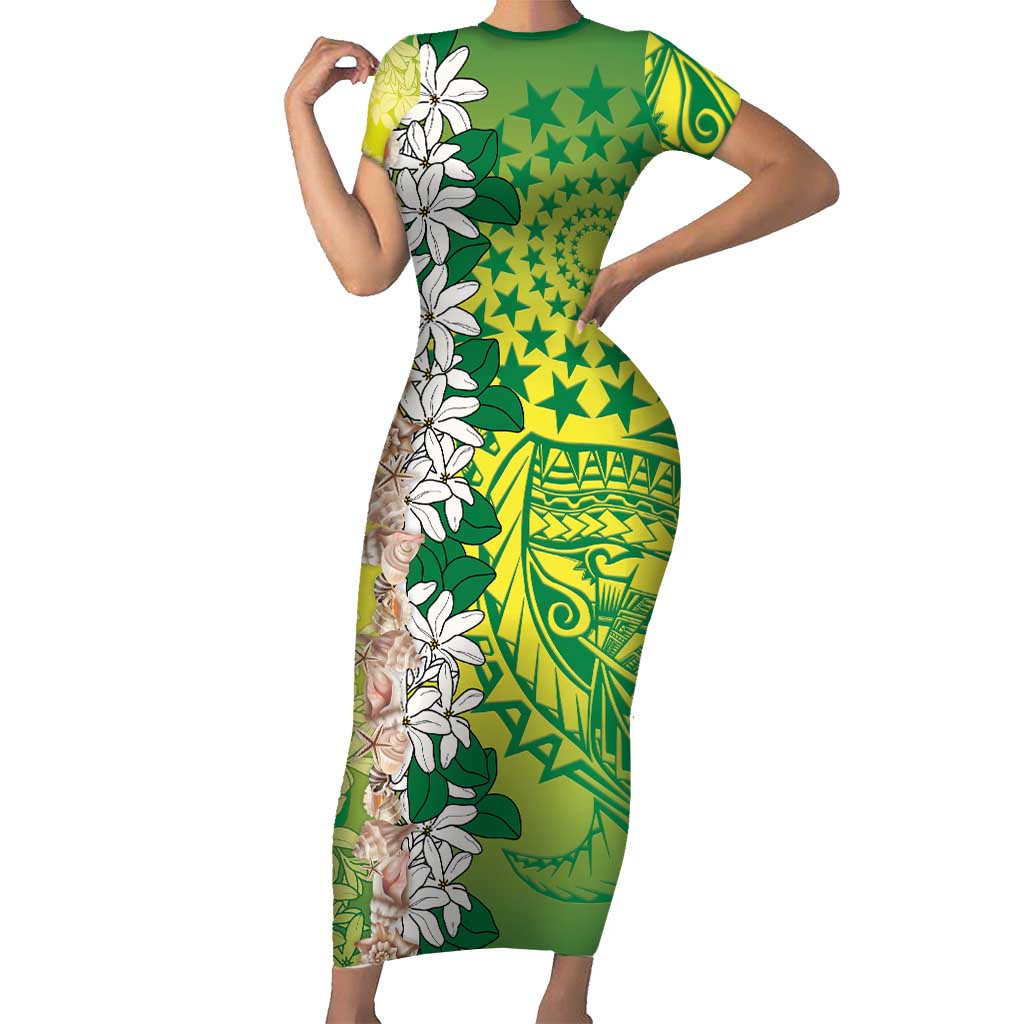 Cook Islands Tiare Maori With Conch Shell Family Matching Short Sleeve Bodycon Dress and Hawaiian Shirt Pasifika Fest Polynesian Tattoo Green LT14 Mom's Dress Green - Polynesian Pride