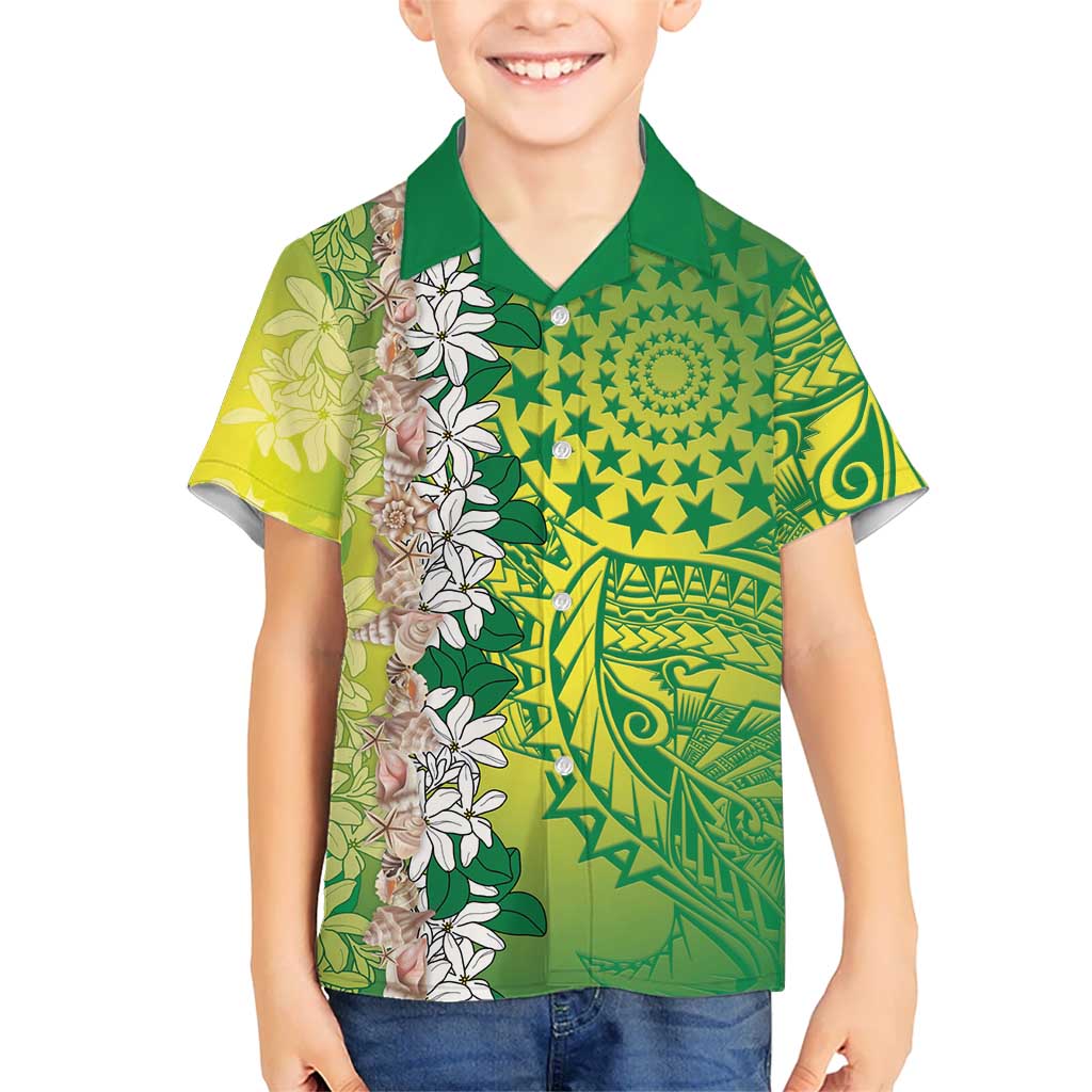 Cook Islands Tiare Maori With Conch Shell Family Matching Tank Maxi Dress and Hawaiian Shirt Pasifika Fest Polynesian Tattoo Green LT14 Son's Shirt Green - Polynesian Pride