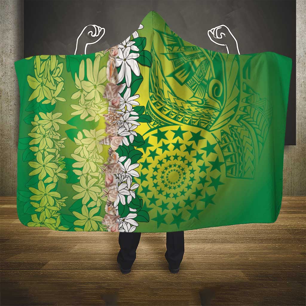 Cook Islands Tiare Maori With Conch Shell Hooded Blanket Pasifika Fest Polynesian Tattoo Green