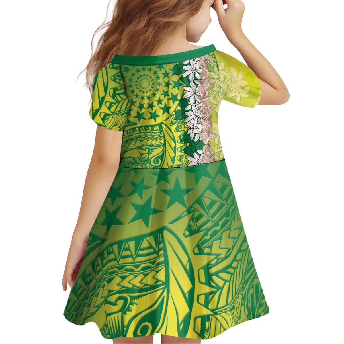 Cook Islands Tiare Maori With Conch Shell Kid Short Sleeve Dress Pasifika Fest Polynesian Tattoo Green