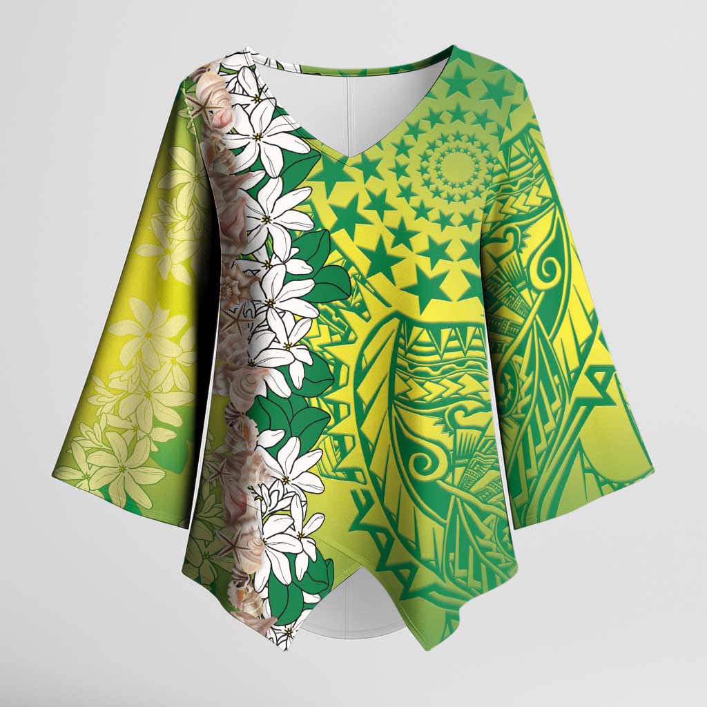 Cook Islands Tiare Maori With Conch Shell Kimono Sleeve Blouse Pasifika Fest Polynesian Tattoo Green