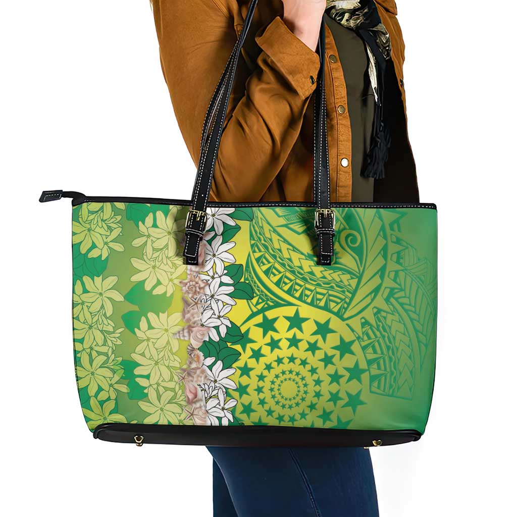 Cook Islands Tiare Maori With Conch Shell Leather Tote Bag Pasifika Fest Polynesian Tattoo Green
