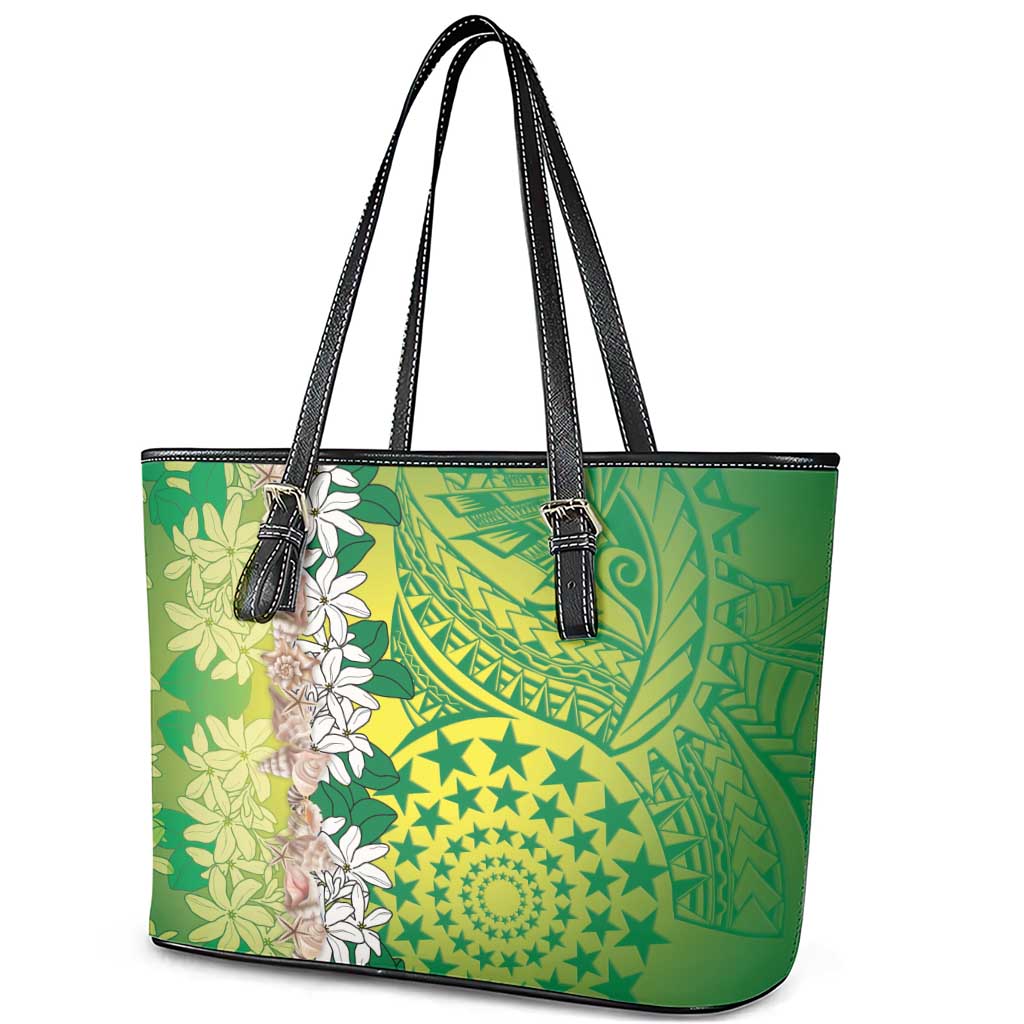 Cook Islands Tiare Maori With Conch Shell Leather Tote Bag Pasifika Fest Polynesian Tattoo Green