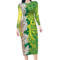 Cook Islands Tiare Maori With Conch Shell Long Sleeve Bodycon Dress Pasifika Fest Polynesian Tattoo Green LT14 Long Dress Green - Polynesian Pride