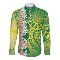 Cook Islands Tiare Maori With Conch Shell Long Sleeve Button Shirt Pasifika Fest Polynesian Tattoo Green