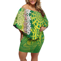 Cook Islands Tiare Maori With Conch Shell Off Shoulder Short Dress Pasifika Fest Polynesian Tattoo Green
