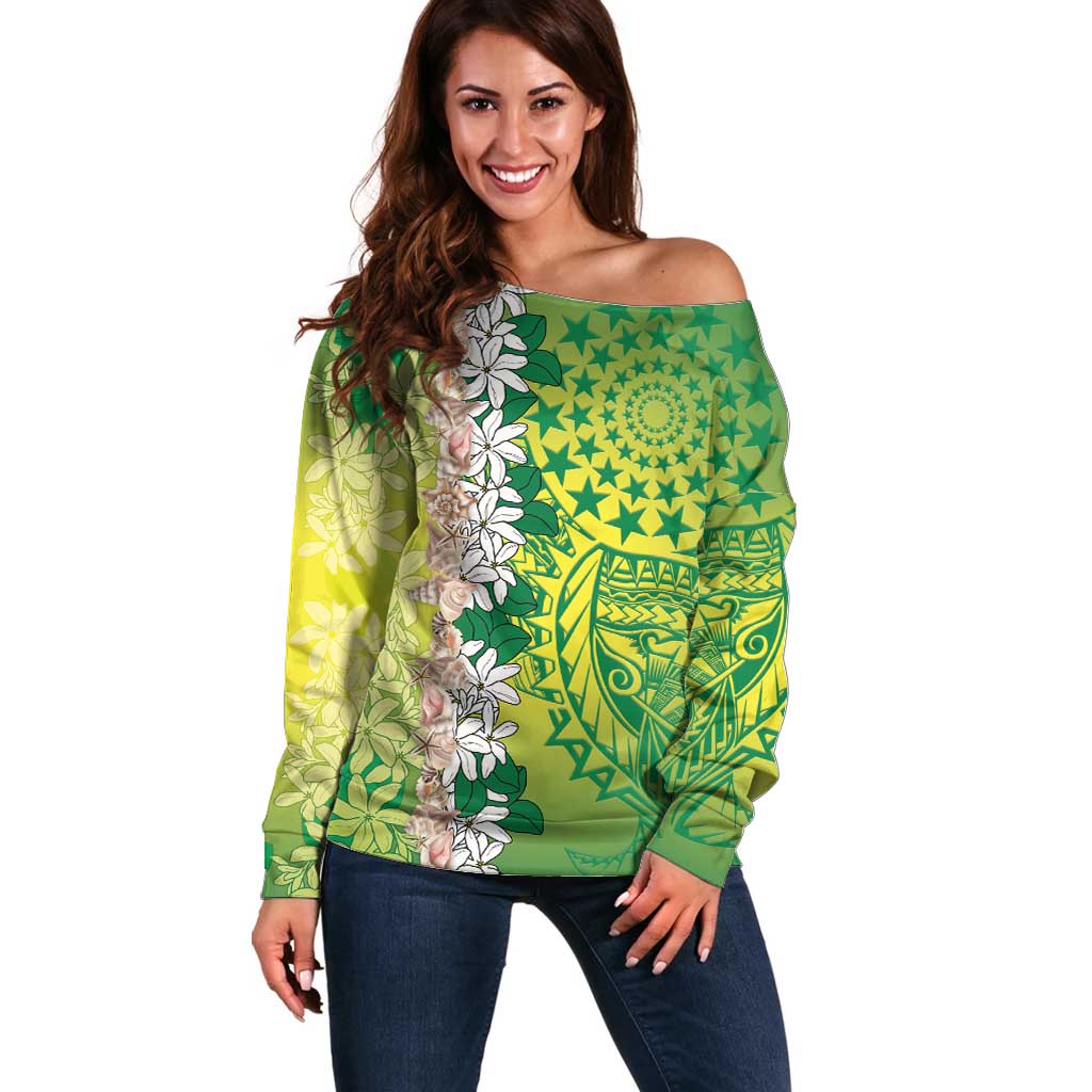 Cook Islands Tiare Maori With Conch Shell Off Shoulder Sweater Pasifika Fest Polynesian Tattoo Green