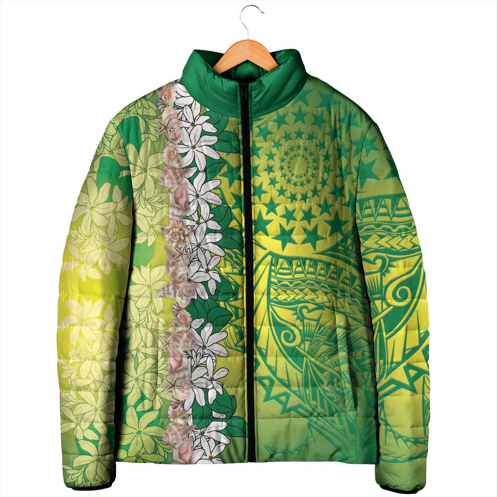 Cook Islands Tiare Maori With Conch Shell Padded Jacket Pasifika Fest Polynesian Tattoo Green