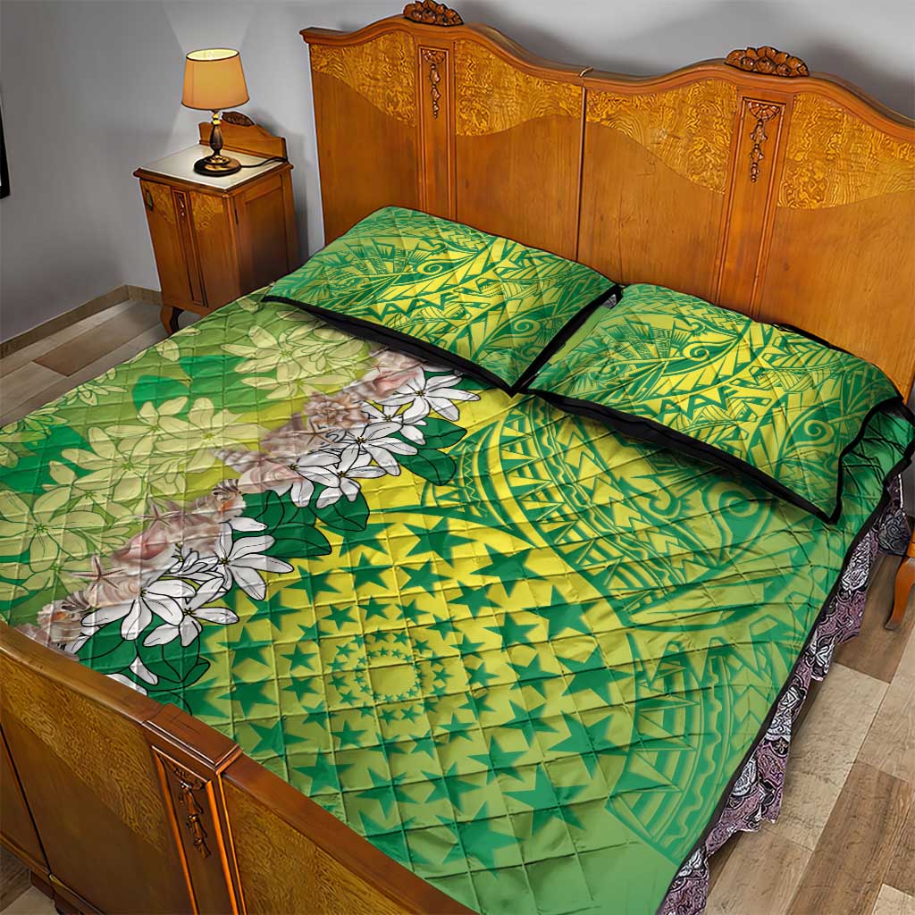 Cook Islands Tiare Maori With Conch Shell Quilt Bed Set Pasifika Fest Polynesian Tattoo Green
