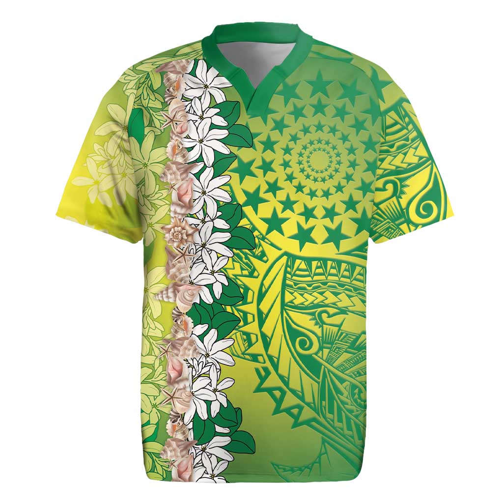 Cook Islands Tiare Maori With Conch Shell Rugby Jersey Pasifika Fest Polynesian Tattoo Green