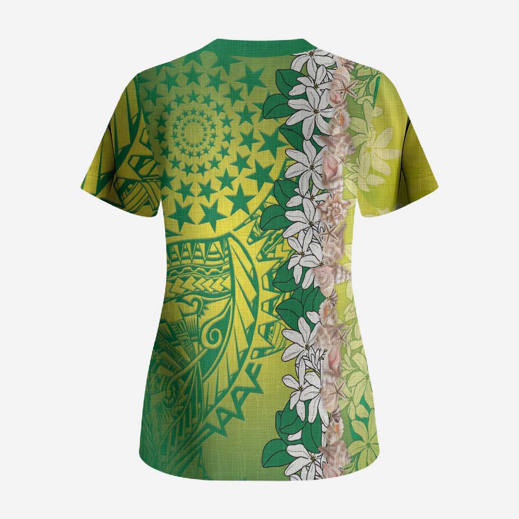 Cook Islands Tiare Maori With Conch Shell Scrub Top Pasifika Fest Polynesian Tattoo Green