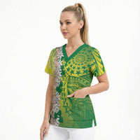 Cook Islands Tiare Maori With Conch Shell Scrub Top Pasifika Fest Polynesian Tattoo Green