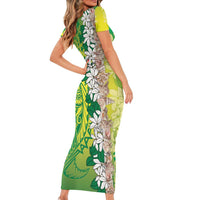 Cook Islands Tiare Maori With Conch Shell Short Sleeve Bodycon Dress Pasifika Fest Polynesian Tattoo Green