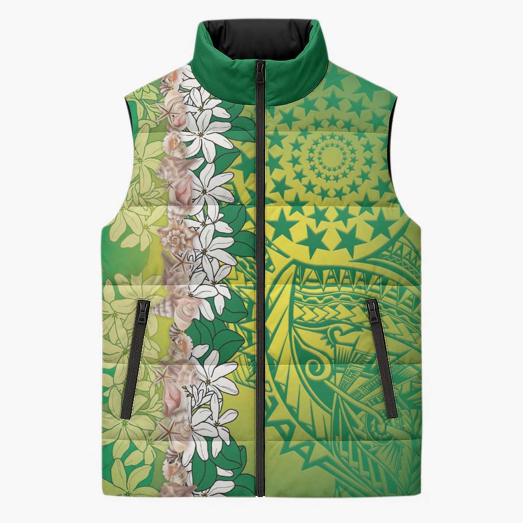 Cook Islands Tiare Maori With Conch Shell Sleeveless Puffer Jacket Pasifika Fest Polynesian Tattoo Green