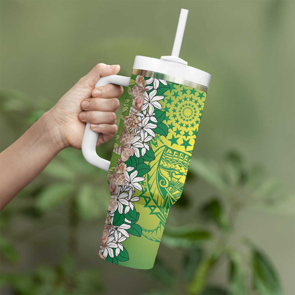 Cook Islands Tiare Maori With Conch Shell Tumbler With Handle Pasifika Fest Polynesian Tattoo Green