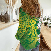 Cook Islands Tiare Maori With Conch Shell Women Casual Shirt Pasifika Fest Polynesian Tattoo Green