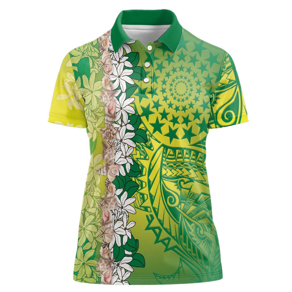 Cook Islands Tiare Maori With Conch Shell Women Polo Shirt Pasifika Fest Polynesian Tattoo Green