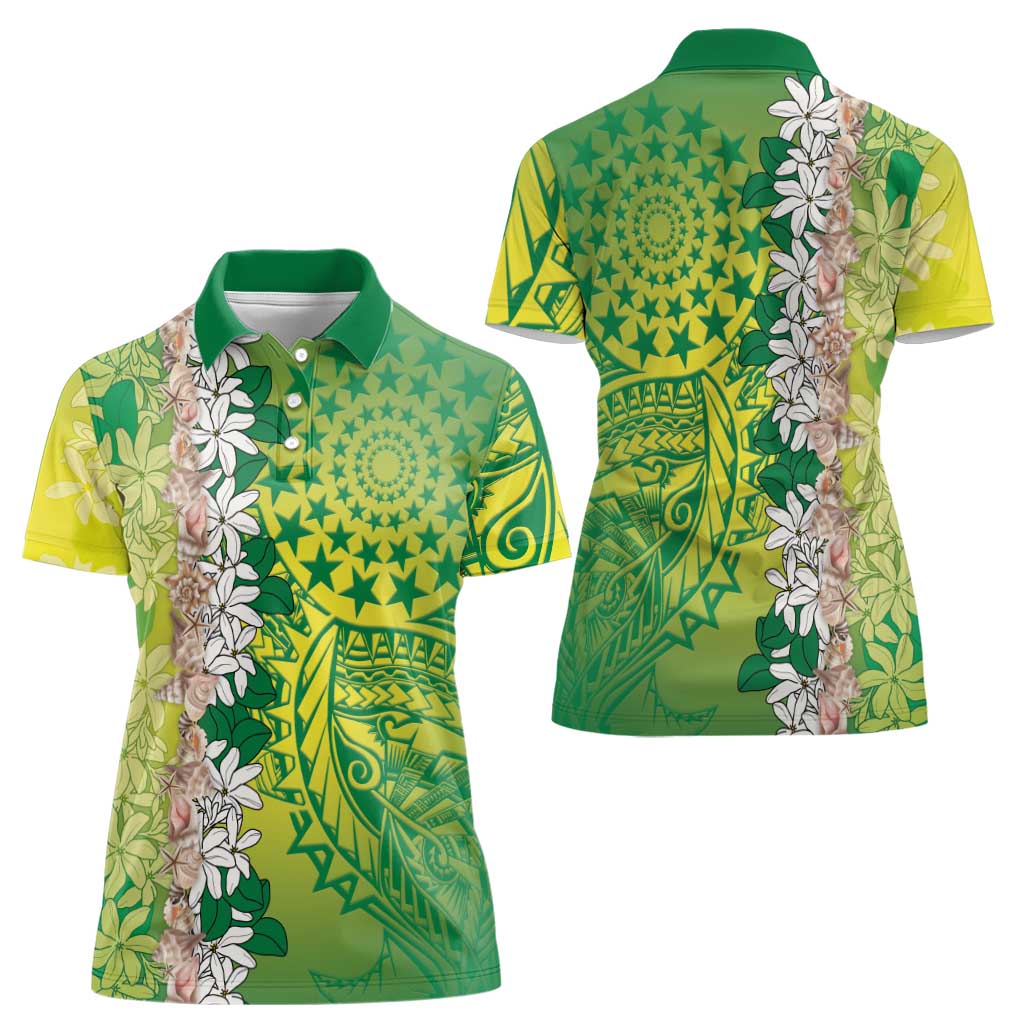 Cook Islands Tiare Maori With Conch Shell Women Polo Shirt Pasifika Fest Polynesian Tattoo Green