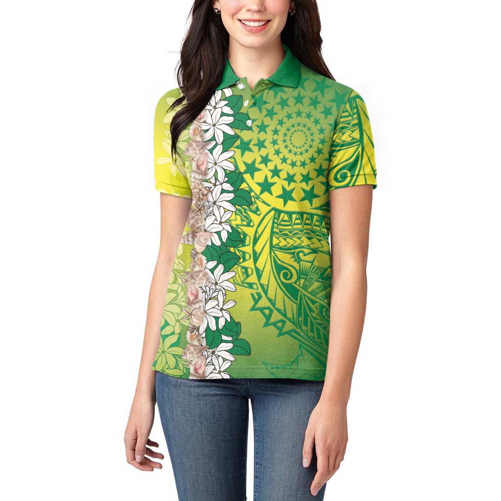 Cook Islands Tiare Maori With Conch Shell Women Polo Shirt Pasifika Fest Polynesian Tattoo Green
