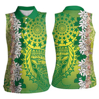Cook Islands Tiare Maori With Conch Shell Women Sleeveless Polo Shirt Pasifika Fest Polynesian Tattoo Green