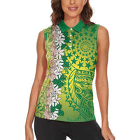 Cook Islands Tiare Maori With Conch Shell Women Sleeveless Polo Shirt Pasifika Fest Polynesian Tattoo Green