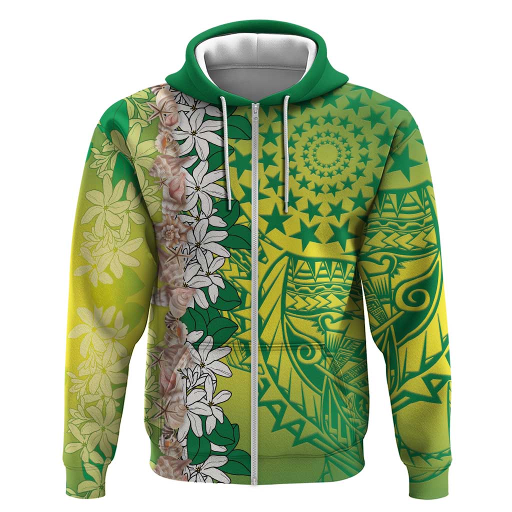 Cook Islands Tiare Maori With Conch Shell Zip Hoodie Pasifika Fest Polynesian Tattoo Green