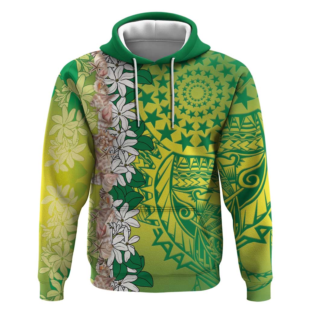 Cook Islands Tiare Maori With Conch Shell Zip Hoodie Pasifika Fest Polynesian Tattoo Green