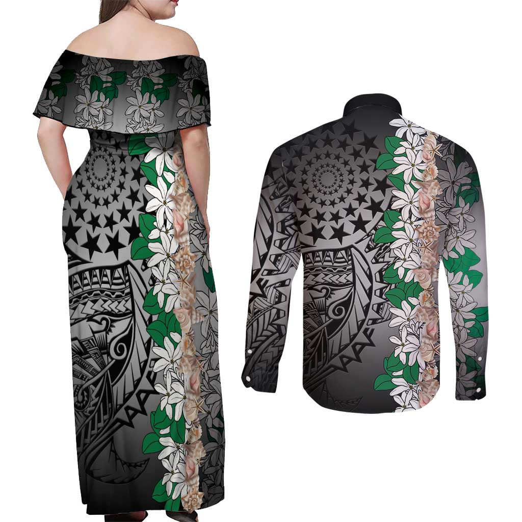Cook Islands Tiare Maori With Conch Shell Couples Matching Off Shoulder Maxi Dress and Long Sleeve Button Shirt Pasifika Fest Polynesian Tattoo Black