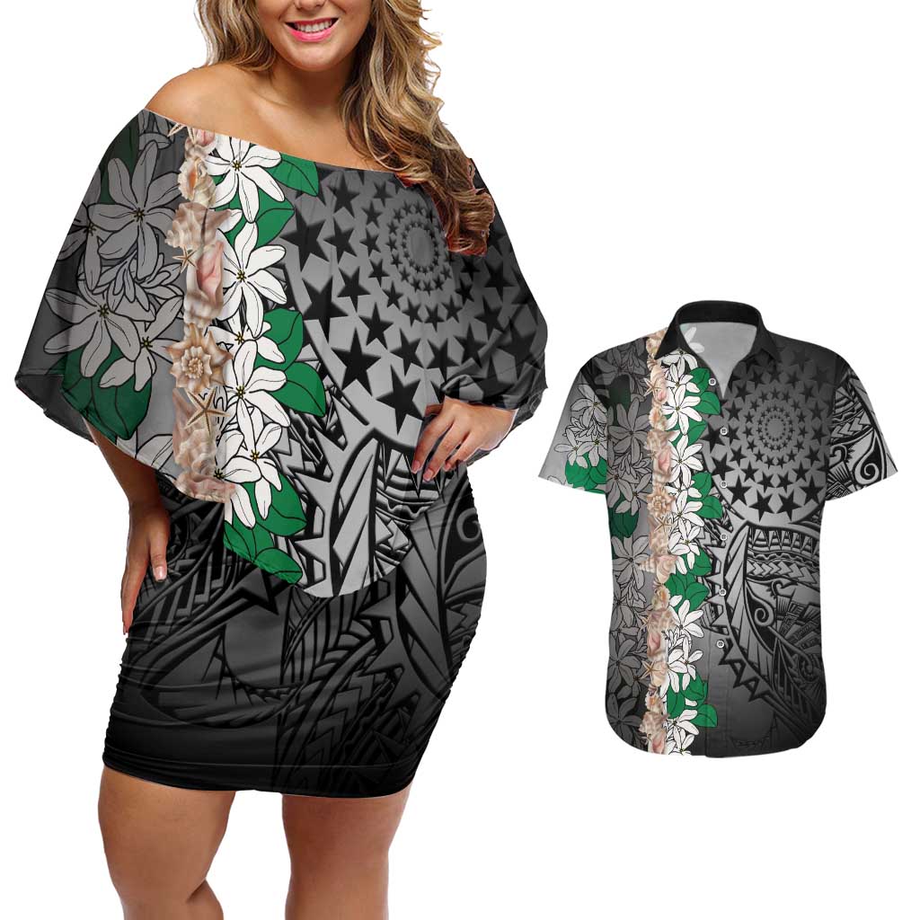 Cook Islands Tiare Maori With Conch Shell Couples Matching Off Shoulder Short Dress and Hawaiian Shirt Pasifika Fest Polynesian Tattoo Black