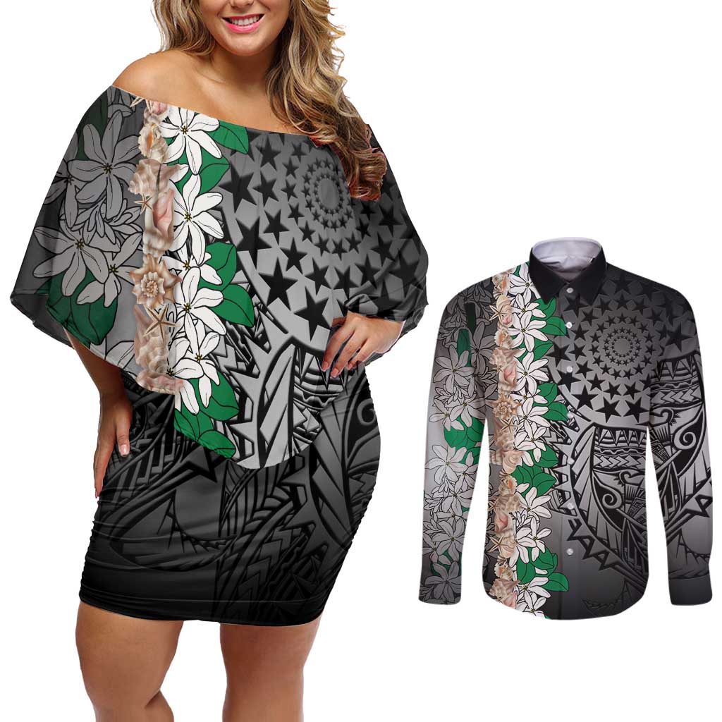 Cook Islands Tiare Maori With Conch Shell Couples Matching Off Shoulder Short Dress and Long Sleeve Button Shirt Pasifika Fest Polynesian Tattoo Black
