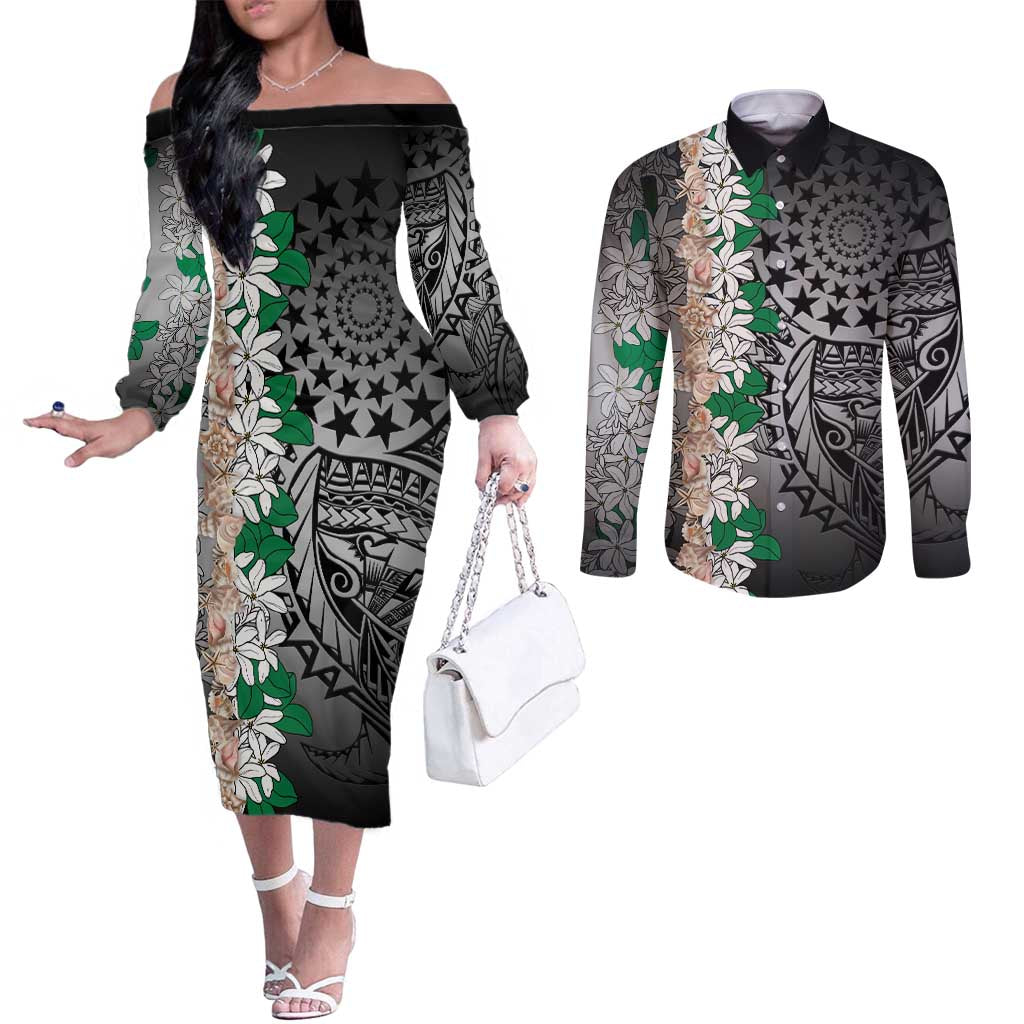 Cook Islands Tiare Maori With Conch Shell Couples Matching Off The Shoulder Long Sleeve Dress and Long Sleeve Button Shirt Pasifika Fest Polynesian Tattoo Black LT14 Black - Polynesian Pride
