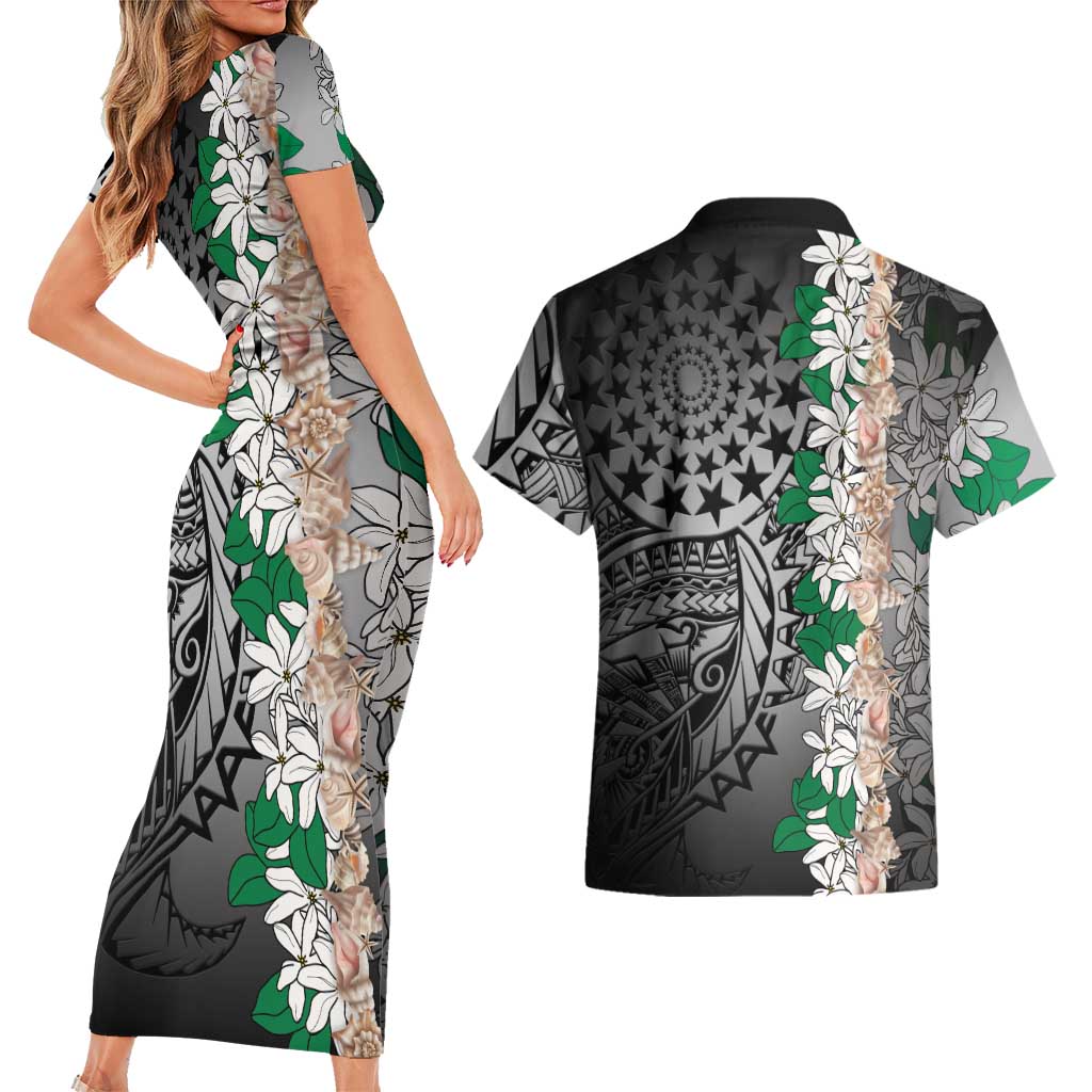 Cook Islands Tiare Maori With Conch Shell Couples Matching Short Sleeve Bodycon Dress and Hawaiian Shirt Pasifika Fest Polynesian Tattoo Black LT14 - Polynesian Pride