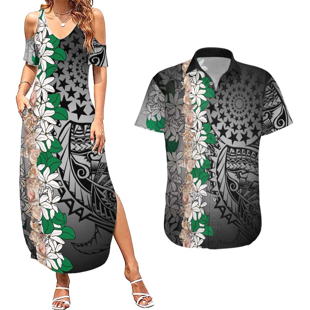 Cook Islands Tiare Maori With Conch Shell Couples Matching Summer Maxi Dress and Hawaiian Shirt Pasifika Fest Polynesian Tattoo Black