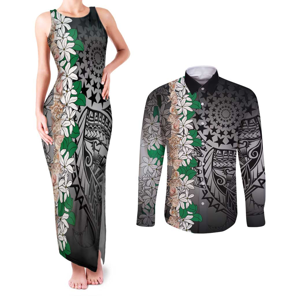Cook Islands Tiare Maori With Conch Shell Couples Matching Tank Maxi Dress and Long Sleeve Button Shirt Pasifika Fest Polynesian Tattoo Black