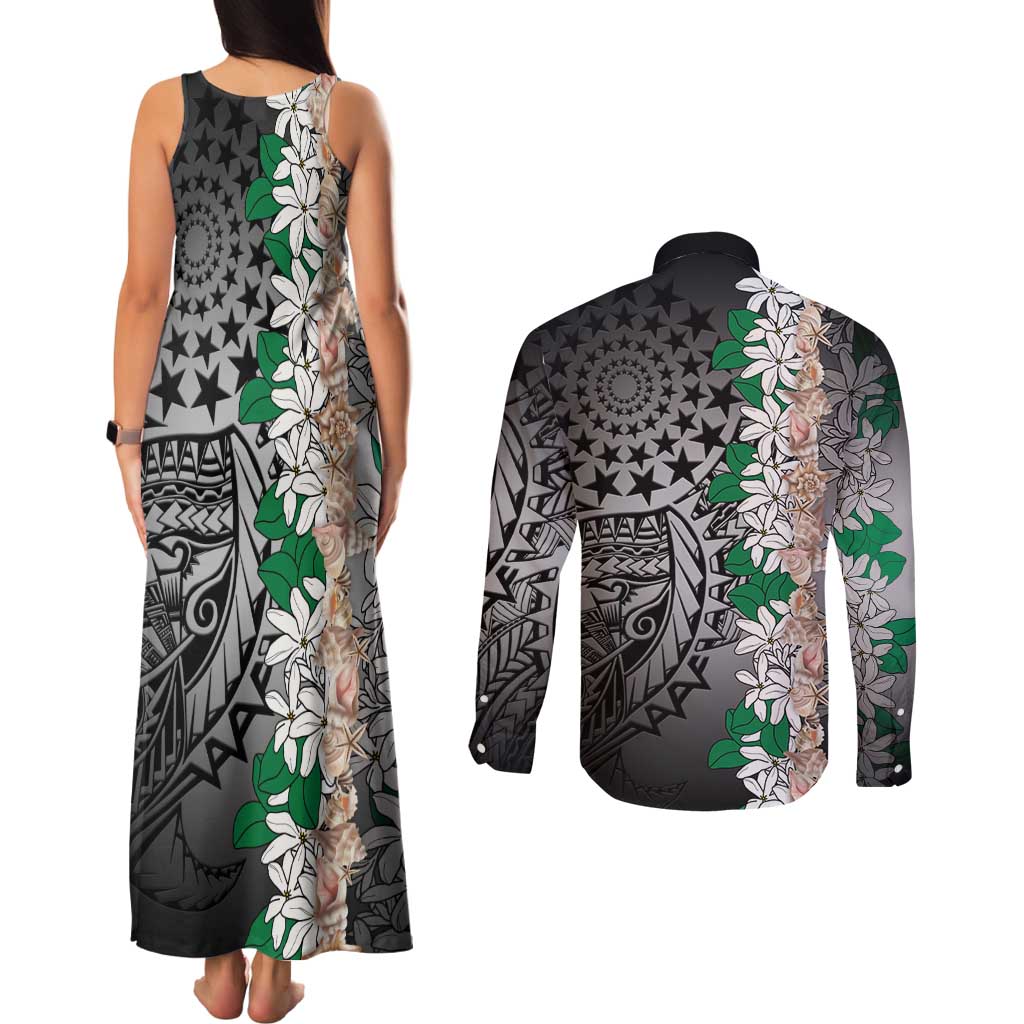 Cook Islands Tiare Maori With Conch Shell Couples Matching Tank Maxi Dress and Long Sleeve Button Shirt Pasifika Fest Polynesian Tattoo Black