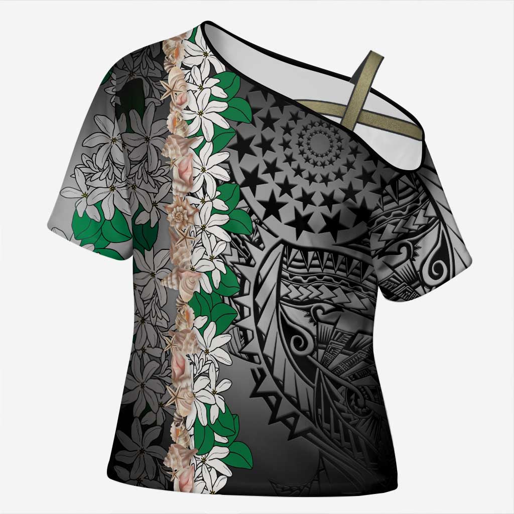 Cook Islands Tiare Maori With Conch Shell Cross Shoulder Shirt Pasifika Fest Polynesian Tattoo Black