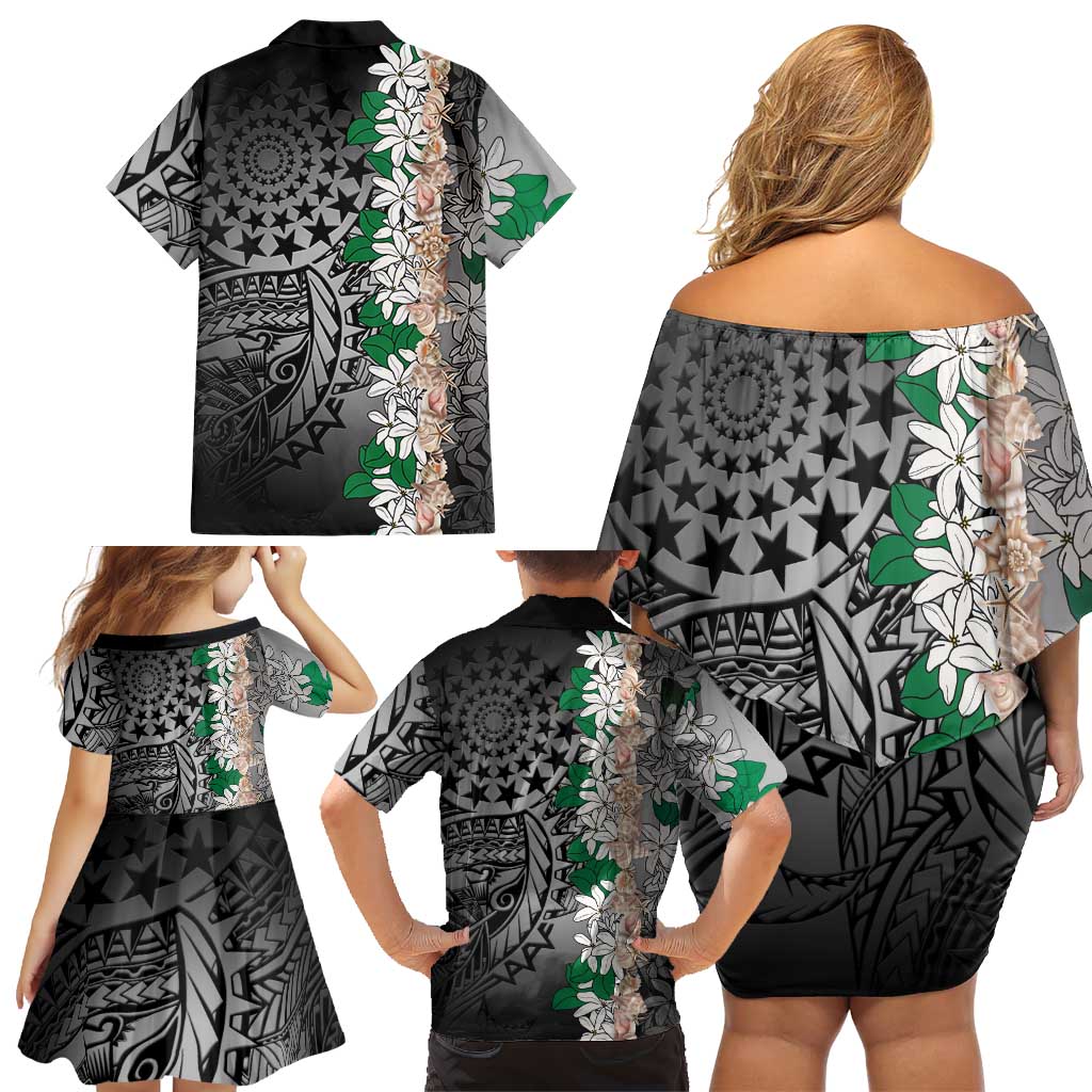 Cook Islands Tiare Maori With Conch Shell Family Matching Off Shoulder Short Dress and Hawaiian Shirt Pasifika Fest Polynesian Tattoo Black LT14 - Polynesian Pride