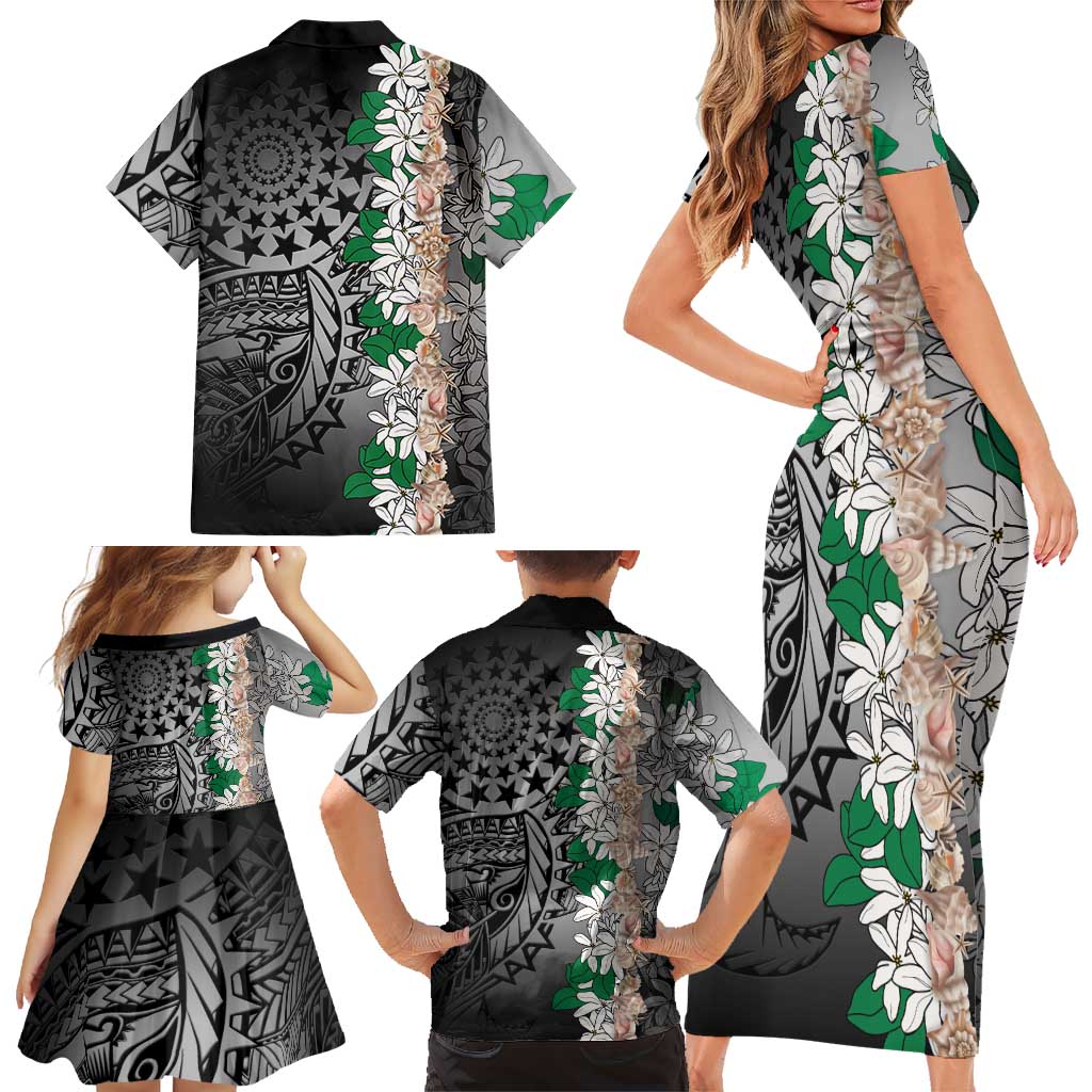 Cook Islands Tiare Maori With Conch Shell Family Matching Short Sleeve Bodycon Dress and Hawaiian Shirt Pasifika Fest Polynesian Tattoo Black LT14 - Polynesian Pride