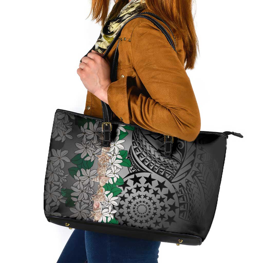 Cook Islands Tiare Maori With Conch Shell Leather Tote Bag Pasifika Fest Polynesian Tattoo Black